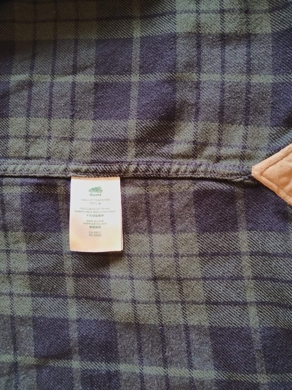 Roots Canada Flannel Plaid Shirt Green/Navy w/ Elbow Patches - Size L - Picture 14 of 14